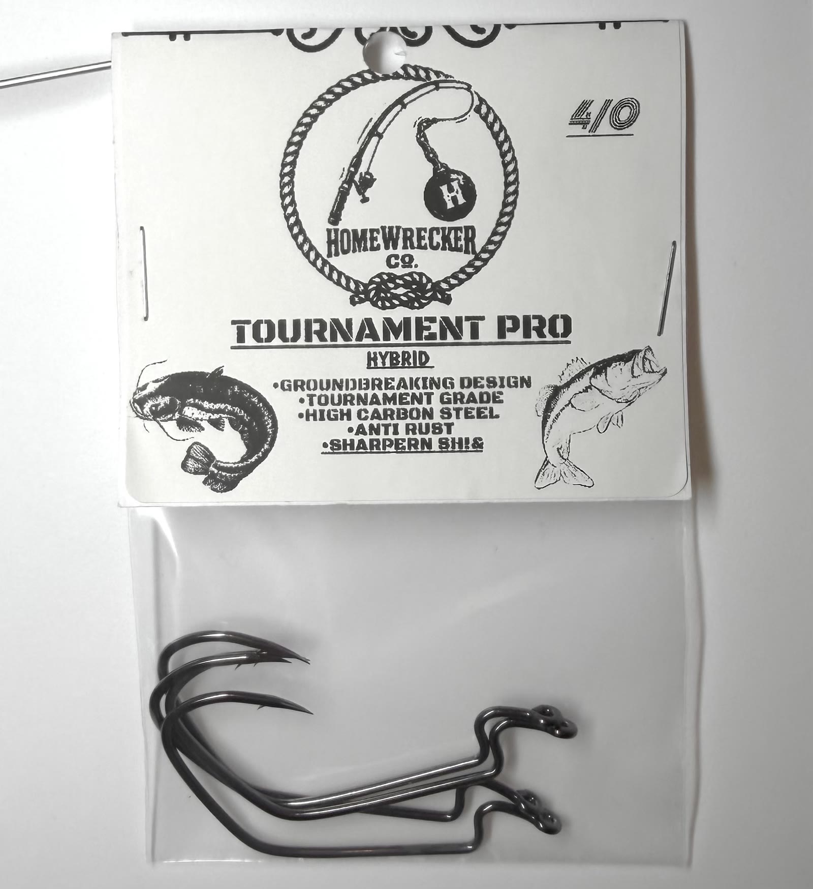 Tournament Pro Hybrid 4/0 hooks in Homewrecker Co. packaging