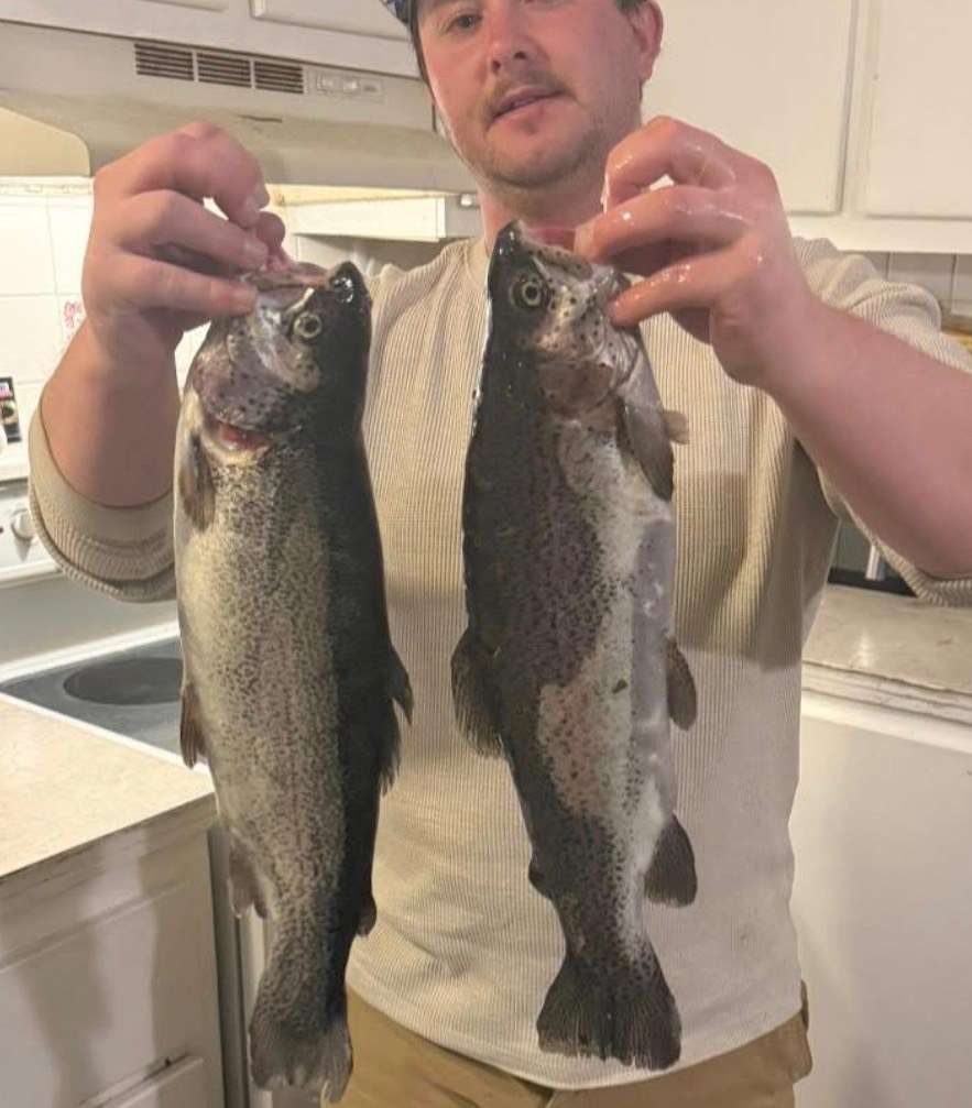 Angler holding two trout in a kitchen