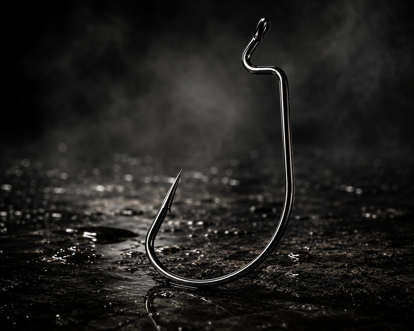 Black Bass Wrecker Pro 4/0 fishing hook on a dark wet surface