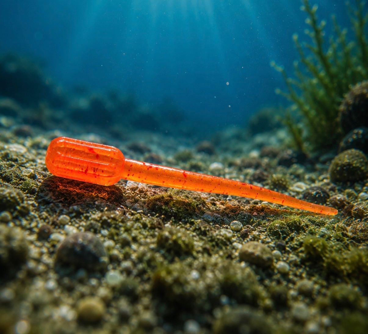 Orange Homewrecker soft bait underwater