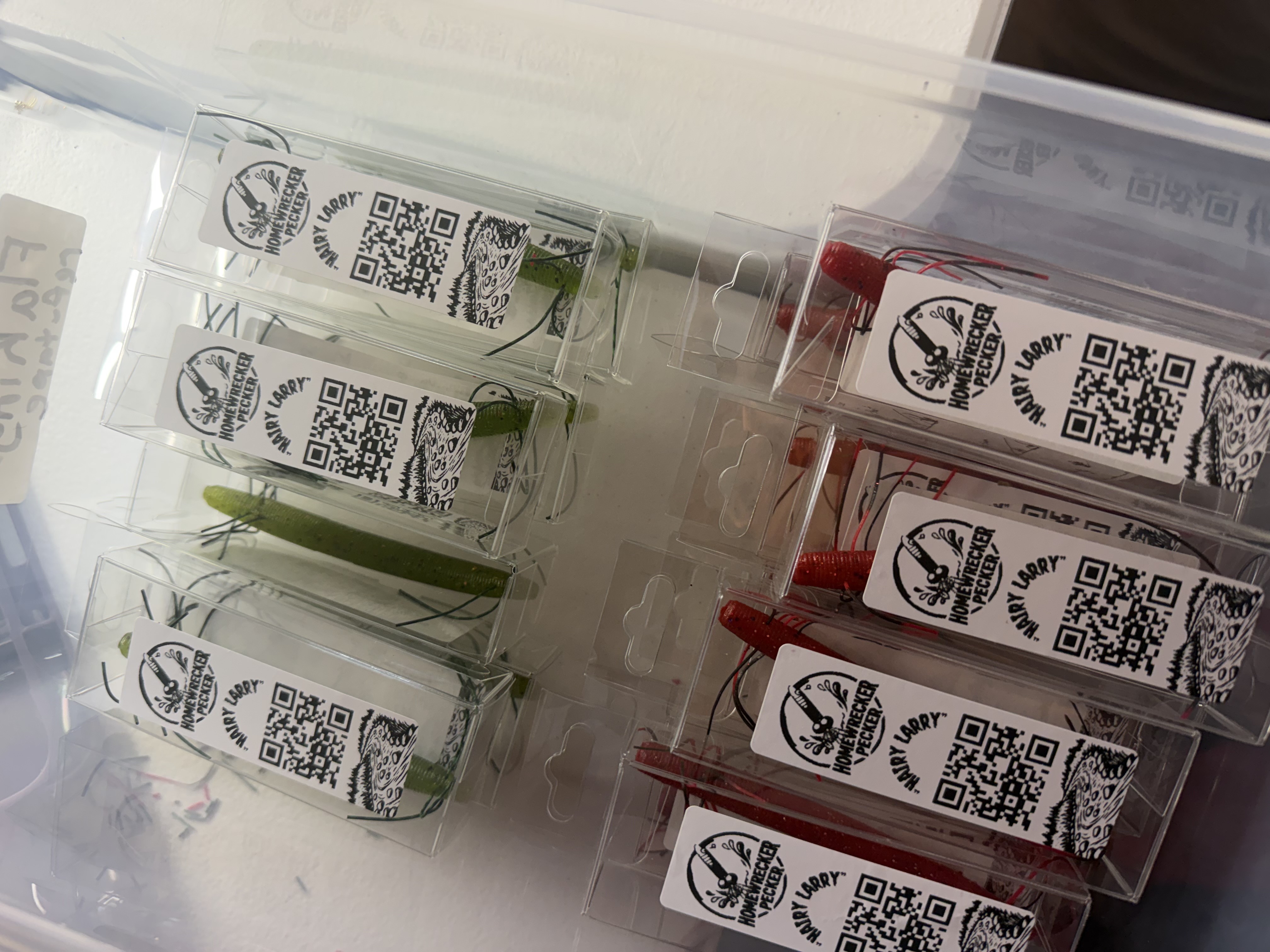 Boxes of finished Hairy Larry baits