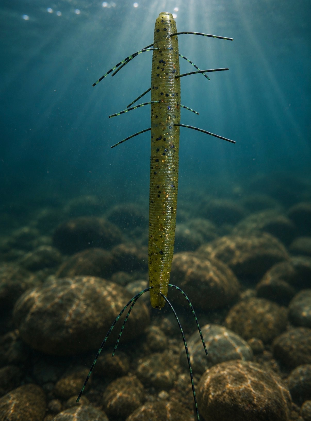 Green Hairy Larry creature bait underwater