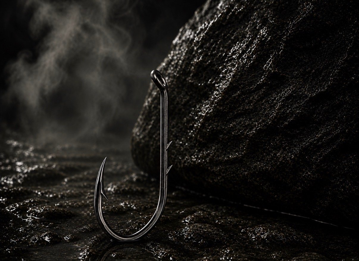 Silver Weightless Wrecker fishing hook on a dark wet surface