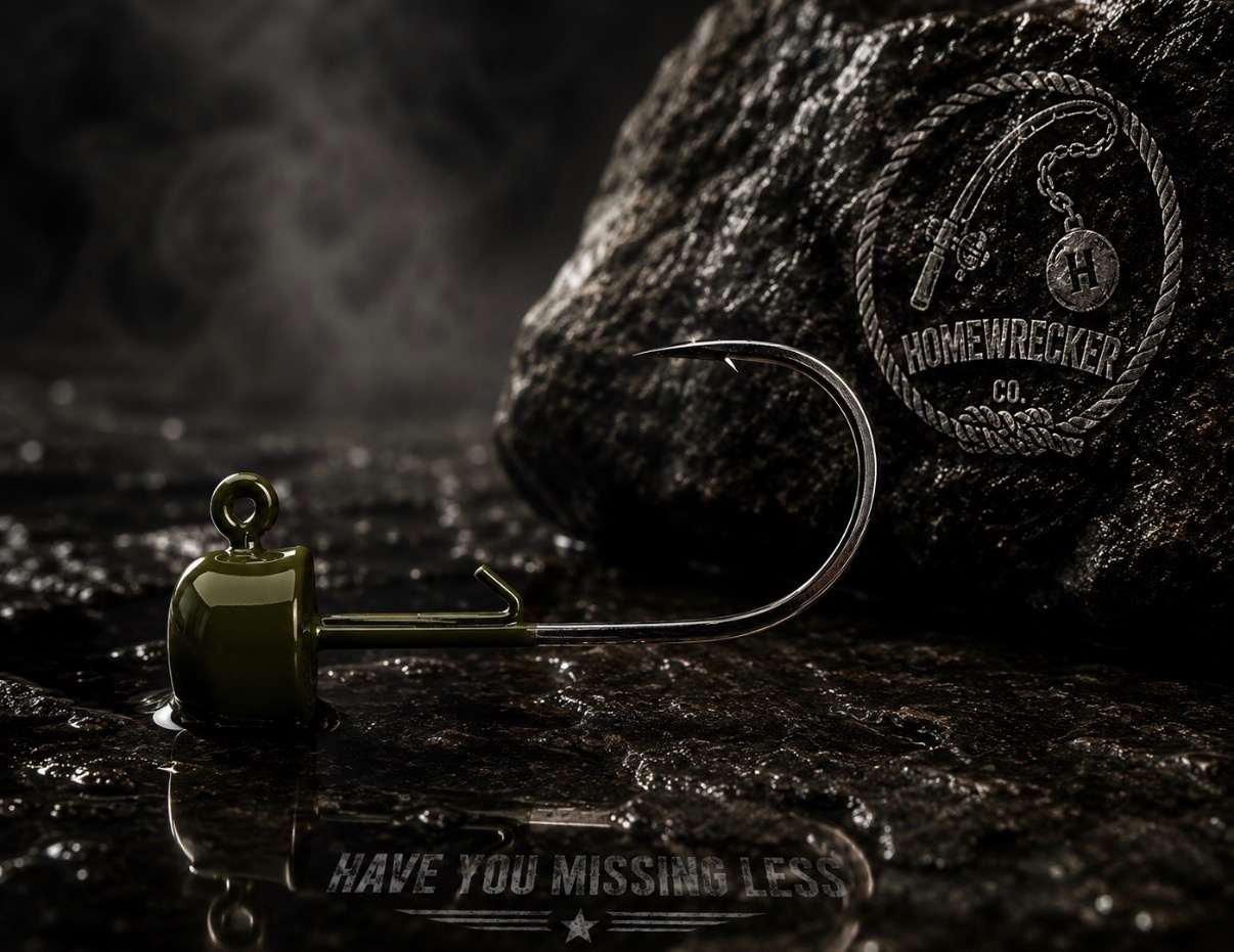 Dark green Wrecker Ned jig head with hook on wet rock beside Homewrecker logo