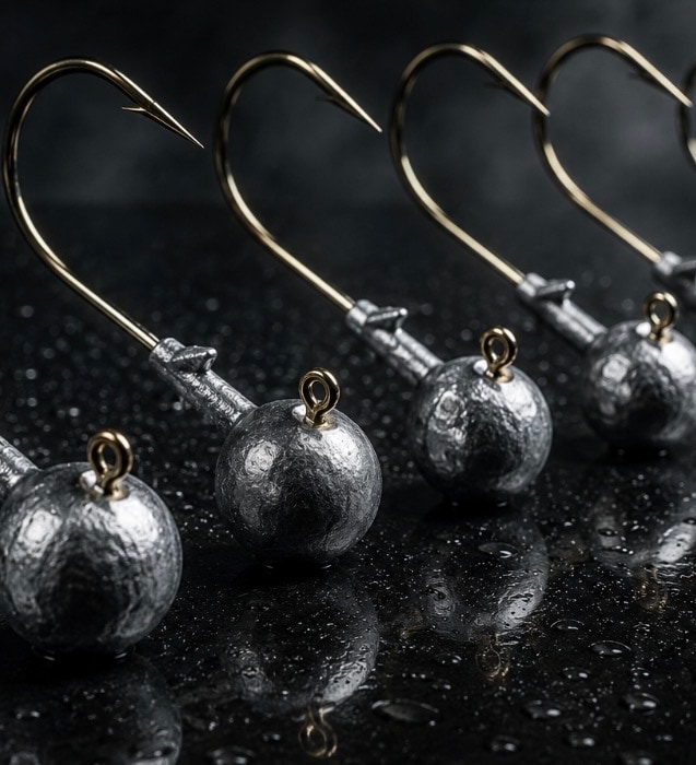 Round lead Wrecker Swim Rig jig heads with large hooks on a wet black surface